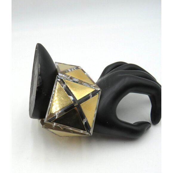 Tory Burch‎ Gold Tone Lucite Geometric Cuff Bracelet Women Wide Statement Logo - Picture 8 of 11